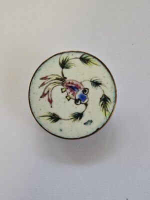 Chinese Porcelain. Hand Painted Button set in Brass Circa 1900